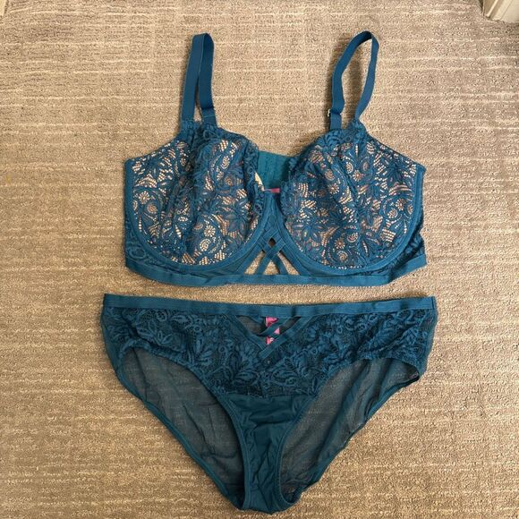 Adore Me Diara Teal Contour PLus Lace Underwire Bra Set 42H 1X - Picture 1 of 10